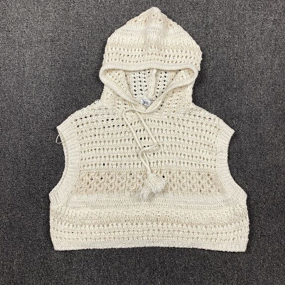 ZARA Pullover Knit Cream Knitted Hoodie Cropped Sweater Vest Women's Size Large - Picture 1 of 6